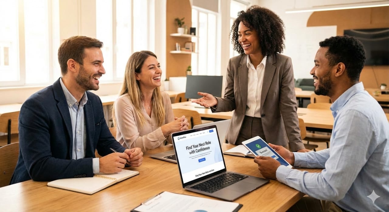 Professionals discussing job search and career planning at a table